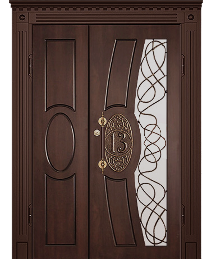 Дверь двустворчатая железная МДФ с ковкой/стеклом 3093