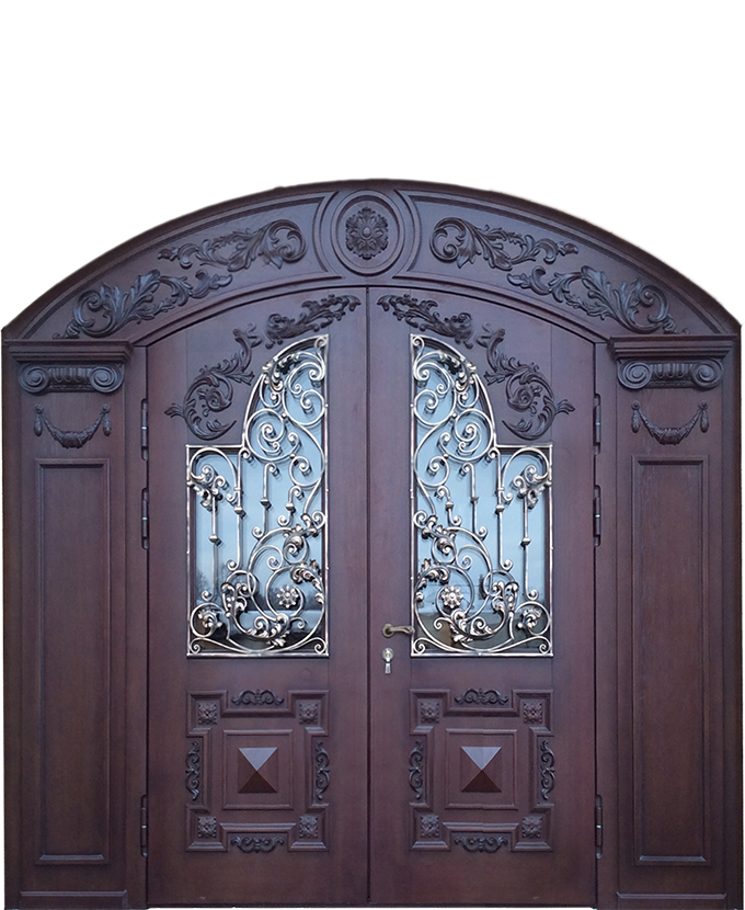 Стальная двустворчатая дверь МДФ с ковкой/стеклом 3149
