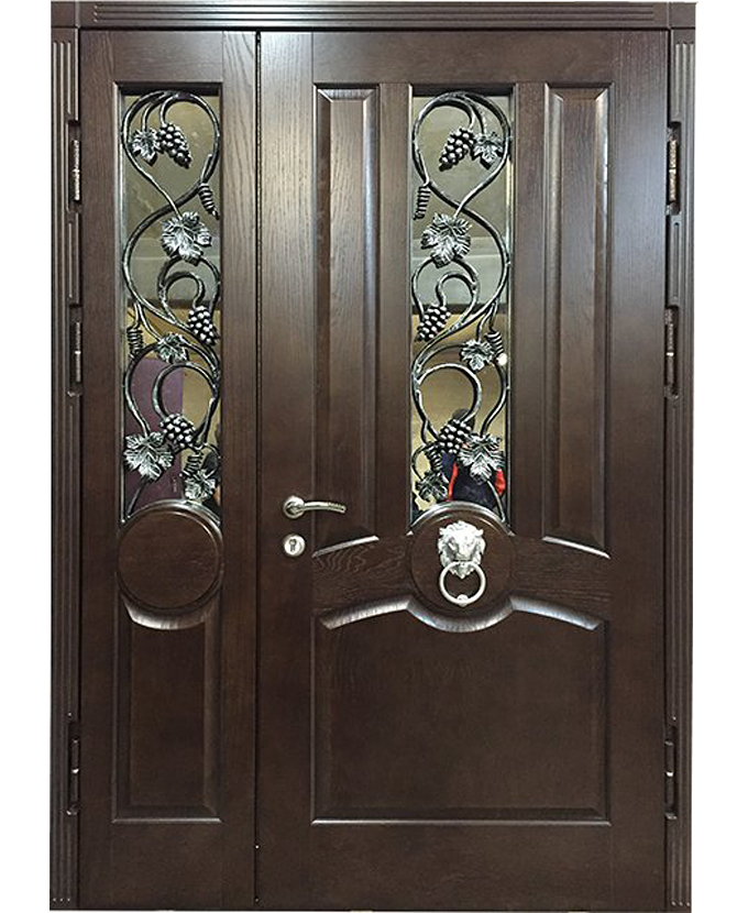 Дверь двустворчатая металлическая МДФ с ковкой/стеклом 3095