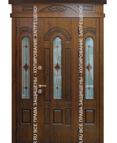 Дверь двустворчатая железная входная МДФ с ковкой/стеклом 3151 Дверь двустворчатая железная входная МДФ с ковкой/стеклом 3151